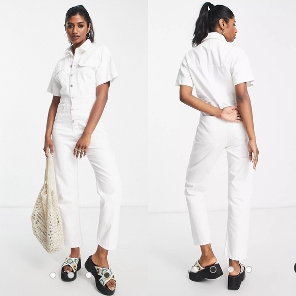 FREE People Marci button through denim jumpsuit in white size XS - Picture 1 of 17